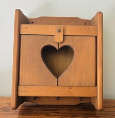 VTG HTF Wood Wall Mount Cabinet Heart Cut Out Double Doors PEGS Country Farm