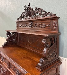 Antique French Renaissance Revival Hunt Buffet Server Sideboard Dark Oak 19C
