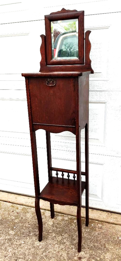 RARE TURN OF THE CENTURY VICTORIAN OAK SHAVING STAND W/ BEVELED MIRROR, KEY…