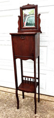 RARE TURN OF THE CENTURY VICTORIAN OAK SHAVING STAND W/ BEVELED MIRROR, KEY…