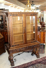 French Antique Oak Wood Renaissance Display Cabinet With 2 Shelf