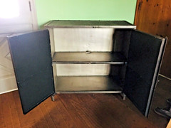 antique vintage industrial metal cabinet shelf workshop record storage iron