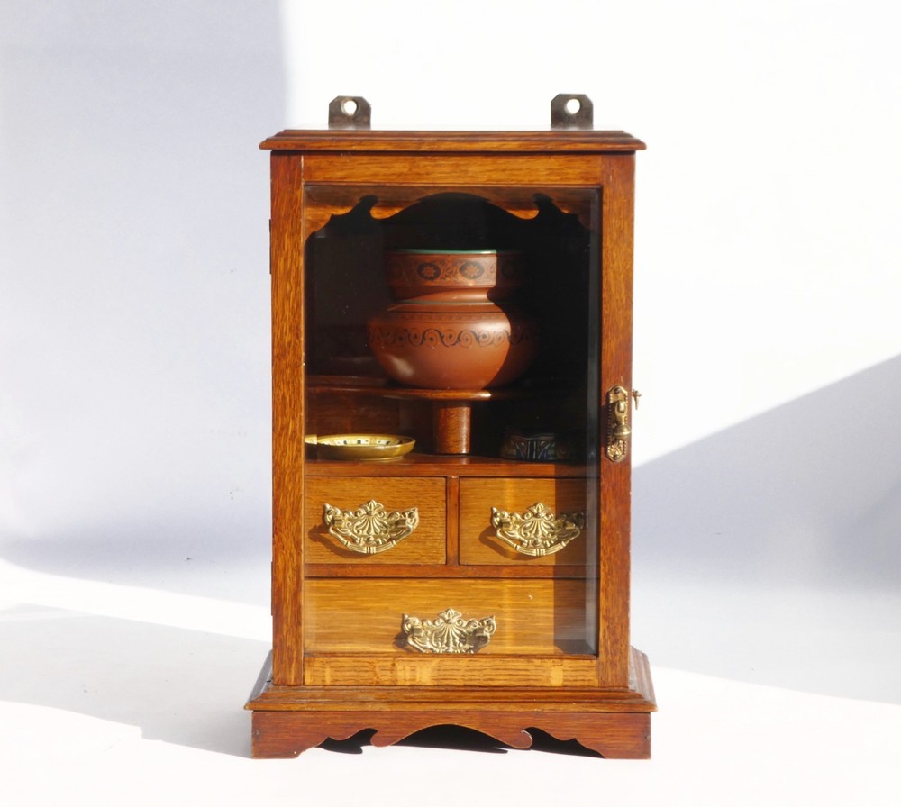 Edwardian Antique Oak Smokers Cabinet, Small Humidor Cabinet with Brass Details