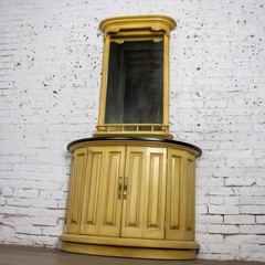 Vintage Neoclassic Revival Blonde Oak Demilune Cabinet or Console and Mirror