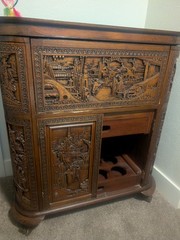 George Zee Mid Century Asian Hand Carved Teak Dry Bar Cabinet