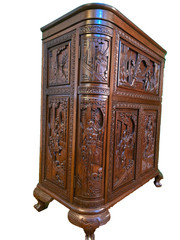 George Zee Style Mid-Century Asian Heavily Hand Carved Flip Top Dry Bar Cabinet