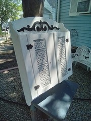 Vintg White Wood Medicine Wall Cabinet Hammered Decorative Tin Doors Oversized