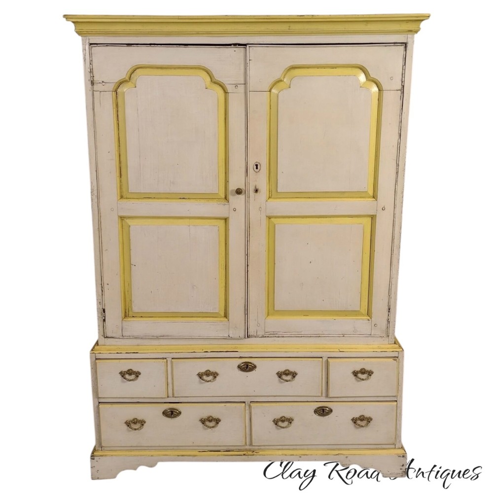 Antique paint decorated cupboard linen press Georgian 18th century