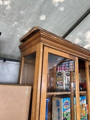 vintage antique quartersawn Oak school house cabinet 74” w x 90” h x 32/20” D