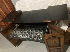 VTG (60’s) FLIP TOP DRY BAR CABINET W/GLASS SET /CASTERS / WINE RACK – ORIG OWNR