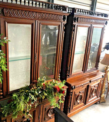 Rare LG Matching Pair Antique French Walnut Hutches Carved Cameos Lions Columns