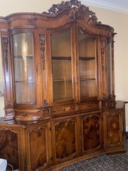 European antique (circa 1930’s) curved glass china cabinet.  96x106x25