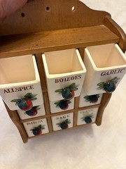Antique Wood/Ceramic Apothecary Spice Cabinet 9 Labeled Drawers