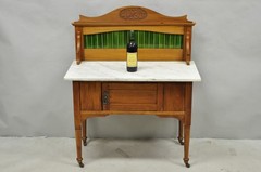Antique English Arts & Crafts Birch Wood Green Tile Backsplash Washstand Server