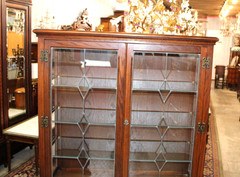 English Antique Oak Display Cabinet | Leaded Glass With Light