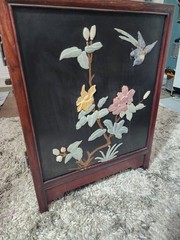 Vintage Chinoiserie Chinese Black Lacquer Hard Stone Finish Art Console Cabinet