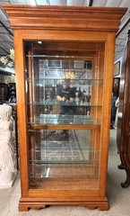 Vintage Oak Curio Cabinet With Side Opening Glass Doors Beaded Time Display Case