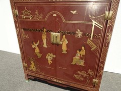 Vintage Chinese Asian Burgundy Lacquer Floral Chinoiserie Cabinet ~ Side Table