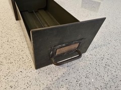 Vintage Metal Filing Index Card Sliding Drawer Aged Metal Decor 12″