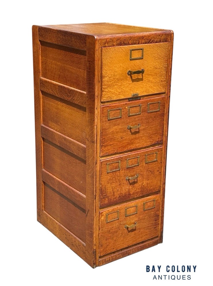 Antique Arts & Crafts Tiger Oak Four Drawer Office File Cabinet – Brass Hardware