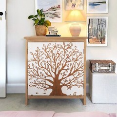 Entryway Cabinet with Tree Pattern Storage Cabinet Distressed Sideboard Bedroom