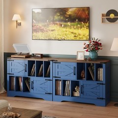 39″ Vinyl Record Storage Stand W/ Doors, Farmhouse Mid-Century Turntable Cabinet