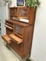 Antique Oak Dental Cabinet Etched Glass Doors and Drop Down Glass Cover 