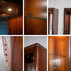 Modern Pair Lighted Display Cabinets by Bassett Furniture Cherrywood & Brass