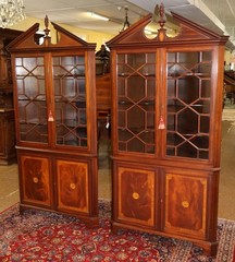 Pair of English Regency Style Mahogany Inlaid Corner Cabinets