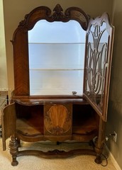 Antique Stained Wood & Glass China Cabinet, Curved Front, Interior light.