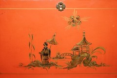 ANTIQUE JAPANNED ORIENTAL SIDE TABLE CHEST ON STAND HAND PAINTED AND LACQUERED