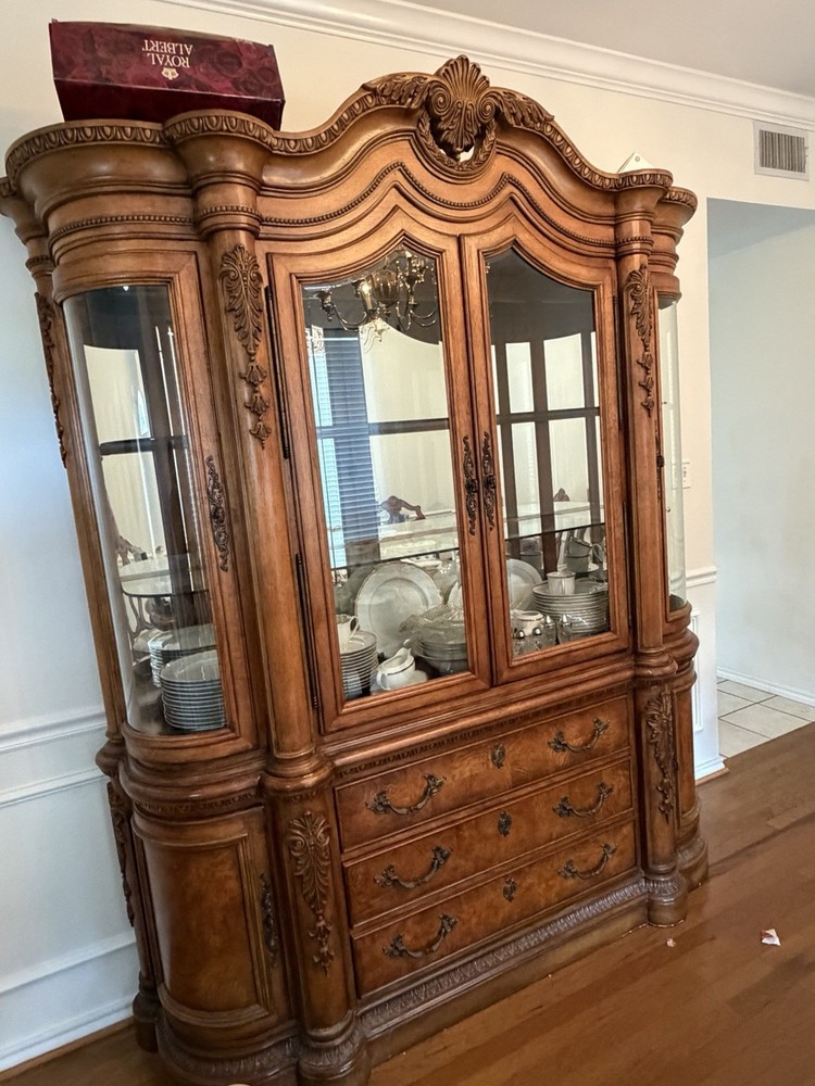 Antique Ornate Wood China Cabinet with Glass Doors, 4 Doors, 3 Drawers, Carvings