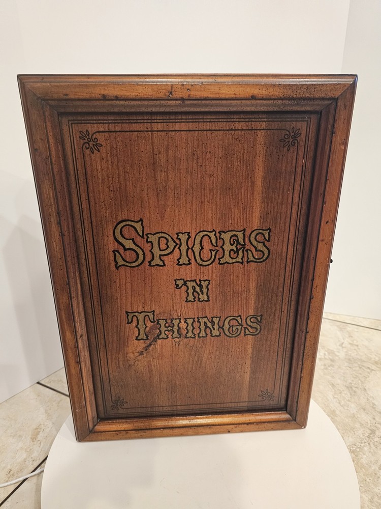Vintage Wooden Wall Shelf Curio Cabinet “SPICES ‘N THINGS” Print Signed By Maker