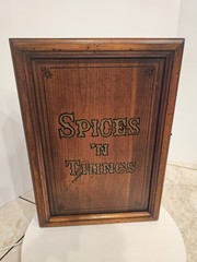 Vintage Wooden Wall Shelf Curio Cabinet “SPICES ‘N THINGS” Print Signed By Maker
