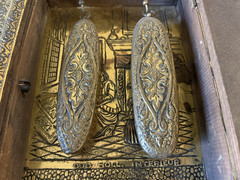 Antique Ornate Brushes Hammered Brass Mirrored Cabinet Shoe Shine Cabinet