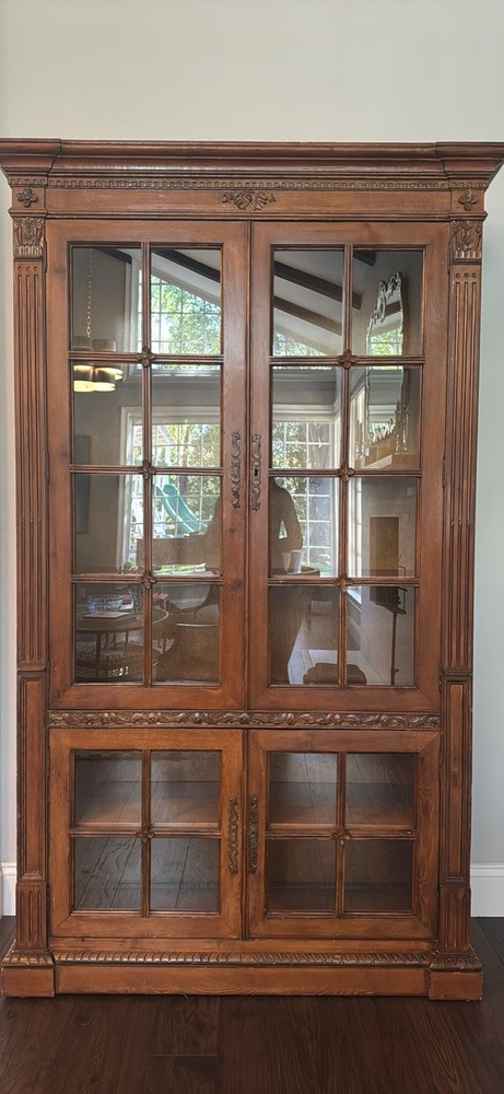 Vintage 20th Century French Provincial Hutch Cabinet With Glass Windows