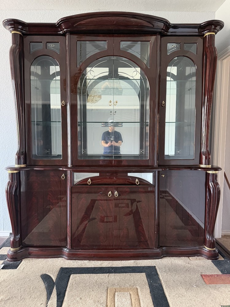 large traditional china cabinet, new, brown, glass upper section