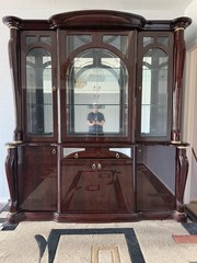large traditional china cabinet, new, brown, glass upper section