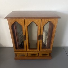 Vintage Large Wood And Glass Door Jewelry Cabinet