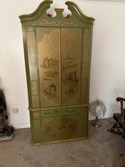 Antique Green Gold Painted Wood Cabinet Asian Motif Carvings 4 Doors 2 Drawers
