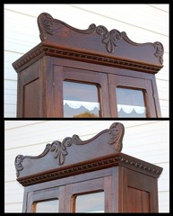Antique Oak Kitchen Cabinet Cupboard Adjust Shelves Floral Press Owl Pulls & Key