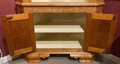JP Callahan Custom Tiger Maple Two-Part Corner Cupboard with Shell Carving