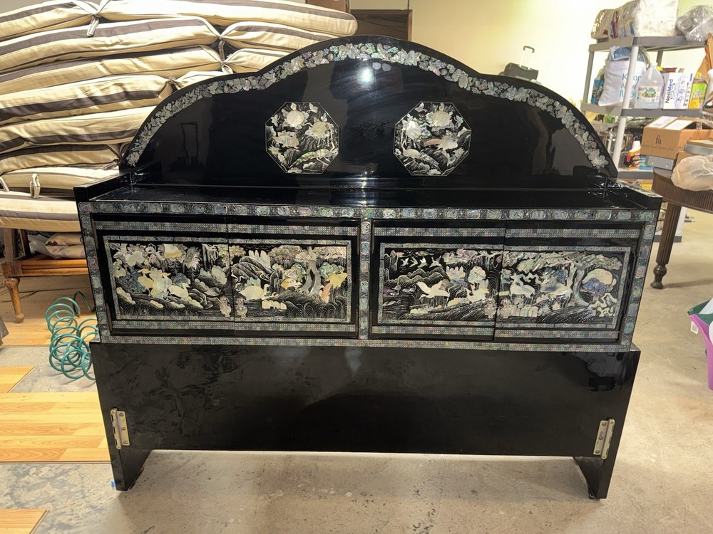 Korean Black Lacquer Mother of Pearl Cabinet Headboard