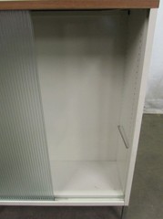 Vintage White Metal Cabinet with Sliding Reeded Glass Doors
