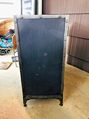 antique vintage industrial metal cabinet shelf workshop record storage iron