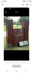 Antique Wood Cabinet with Carved Glass Doors, Drawers, 75.5″ x 66″ x 17.5″