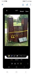 Antique Wood Cabinet with Carved Glass Doors, Drawers, 75.5″ x 66″ x 17.5″