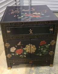 VTG Chinoiserie Asian Black Lacquer Cabinet side table drawer wood 20x20x22 OBO