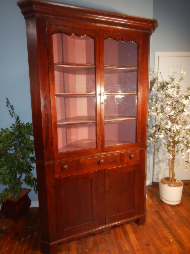 Antique Corner Cupboard Cabinet Walnut Divided Glass Door