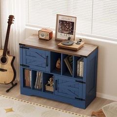 Farmhouse Wood Record Player Stand, 39″ Cabinet with Vinyl Storage & Barn Doors